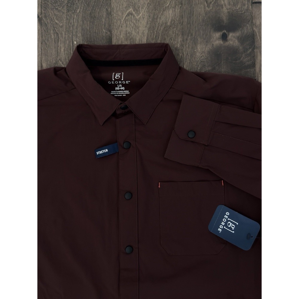 NWT George Mens Burgundy Red Stretch Performance Snap Down Long Slv Shirt Size L